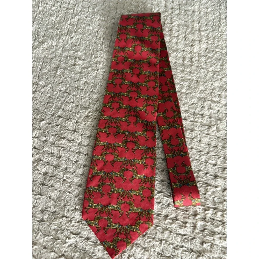 Vtg Huntington Art Deco Regal Horse Equestrian Red Silk Tie USA 90s 3.7x60